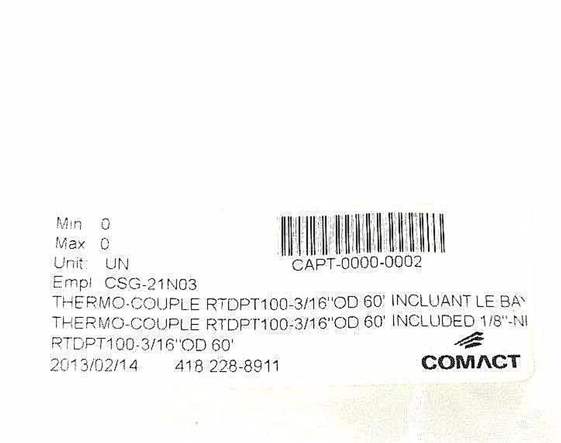 Used NEW COMACT RTDPT100-3/16"OD 60' THERMO COUPLE, CSG-21N03