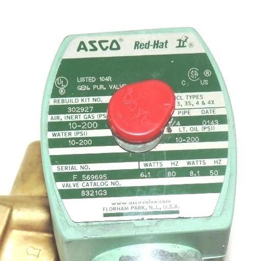 Used ASCO RED-HAT 8321G3 3-WAY SOLENOID VALVE 1/4" NPT, 6.1-8.1W, REBUILD KIT #302927
