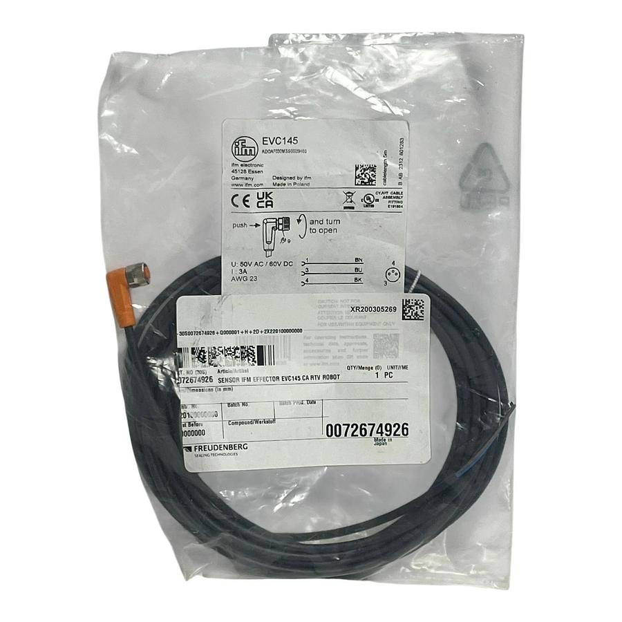 Used IFM Effector EVC145 M12 Right Angle 4-Wire 5 Meter Sensor Cable Cordset