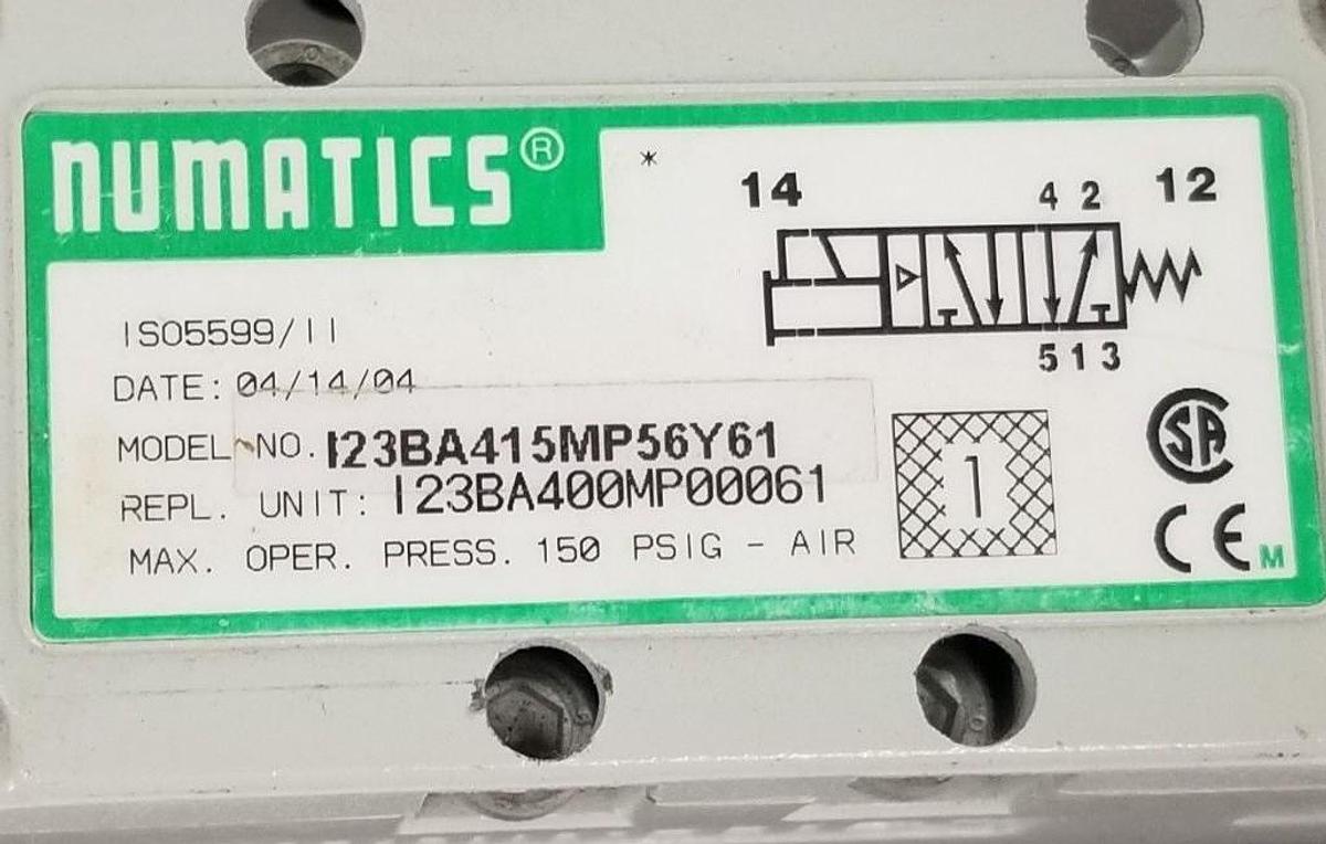 Used NUMATICS I23BA415MP56Y61 SOLENOID METRIC VALVE W/ BASE MANIFOLD I23BA400MP00061