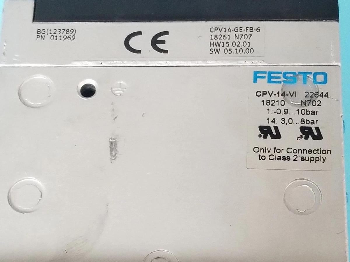 Used FESTO ELECTRIC CPV14-VI-F6-1/8-B BASE W/ (6) 176-067 SOLENOID VALVES N502 18210