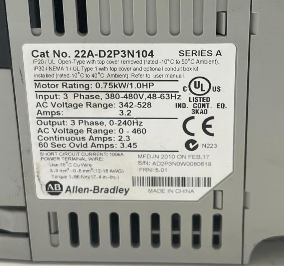 Used ALLEN-BRADLEY 22A-D2P3N104 PowerFlex 4 AC Drive 1.0HP 480V Ser A FRN 5.01 VFD