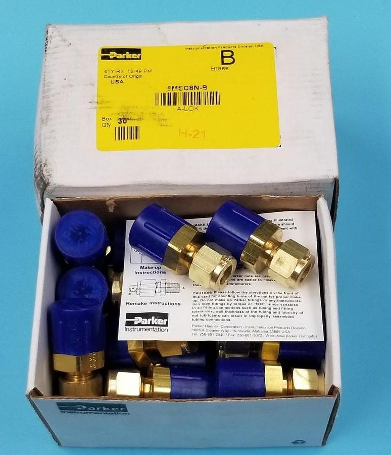 Used BOX OF 30 NEW PARKER 6MSC8N-B BRASS FITTINGS, 3/8" A-LOK X 1/2" MNPT, 6MSC8NB