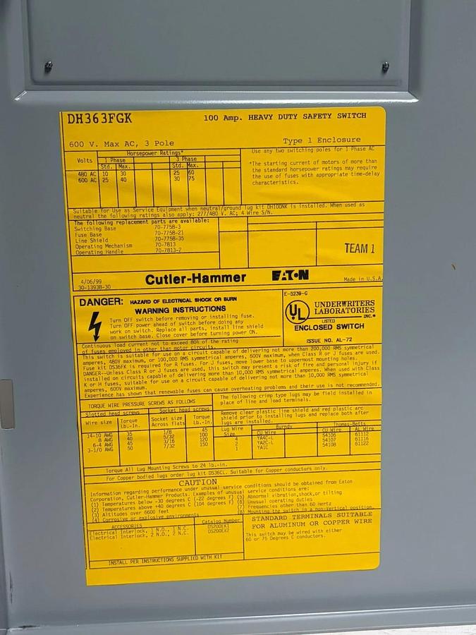 New Eaton Cutler-Hammer DH363FGK Safety Switch 100A 600V 3P Fusible