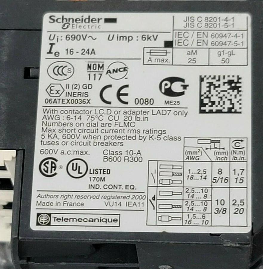 Used SCHNEIDER ELECTRIC LRD22 THERMAL OVERLOAD RELAY LRD 22 16/24 AMP 3P