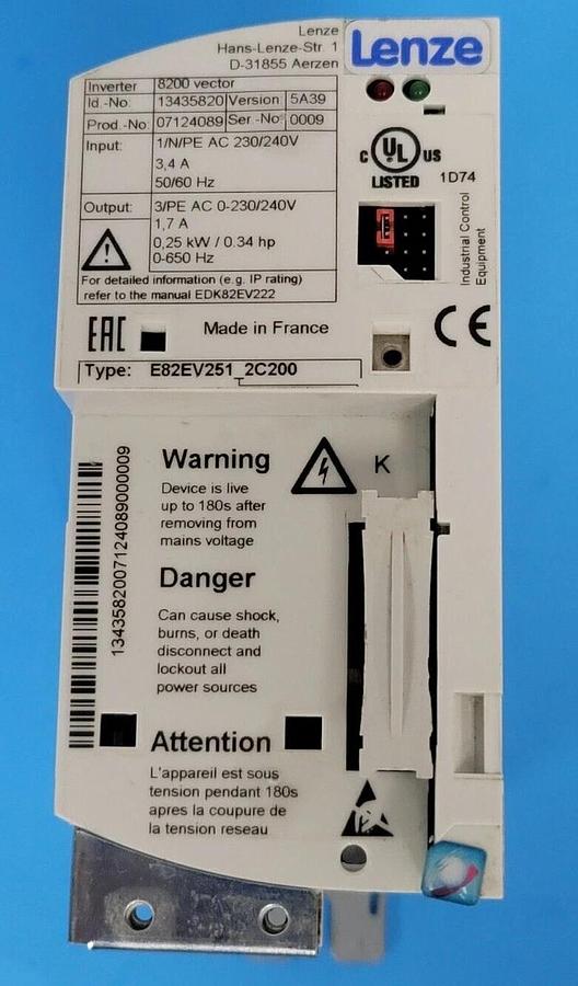 Used LENZE E82EV251K2C200 FREQUENCY INVERTER INVERTER SERIES 8200 VECTOR