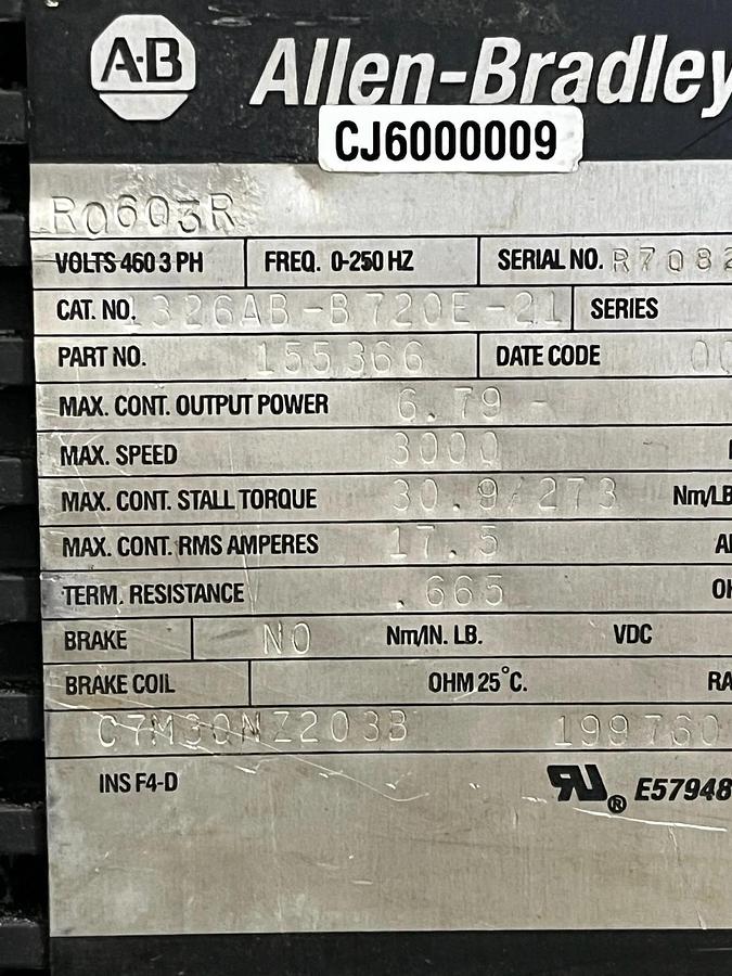 Used Allen Bradley 1326AB-B720E-21 Servo Motor | 6.8kW | 460V | 3500 RPM | 30.9 Nm