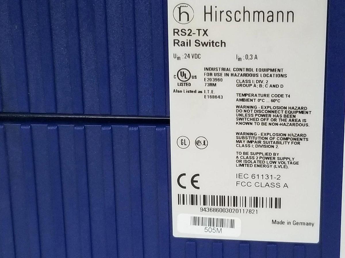 Used BELDEN HIRSCHMANN RS2-TX RAIL SWITCH 24VDC, RS2TX