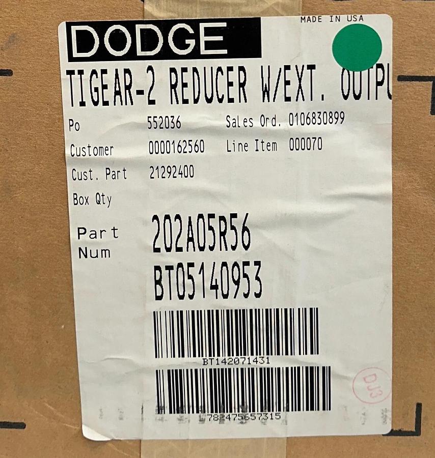 Used DODGE 202A05R56 TIGEAR-2 REDUCER W/ EXT OUTPUT SHAFT 5:1 RATIO 1.11HP MAX NSFS