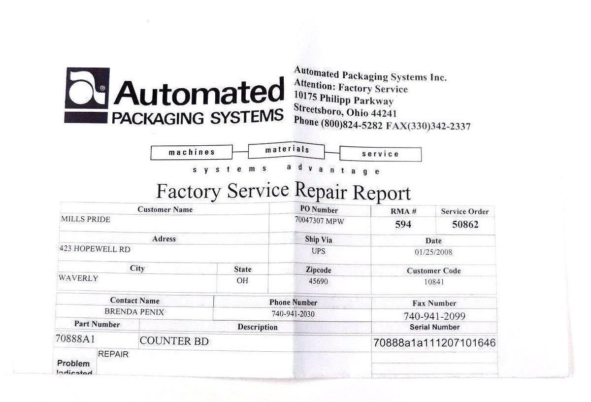 Used REPAIRED AUTOMATED PACKAGING SYSTEMS 70888A1 COUNTER BOARD B/M-E