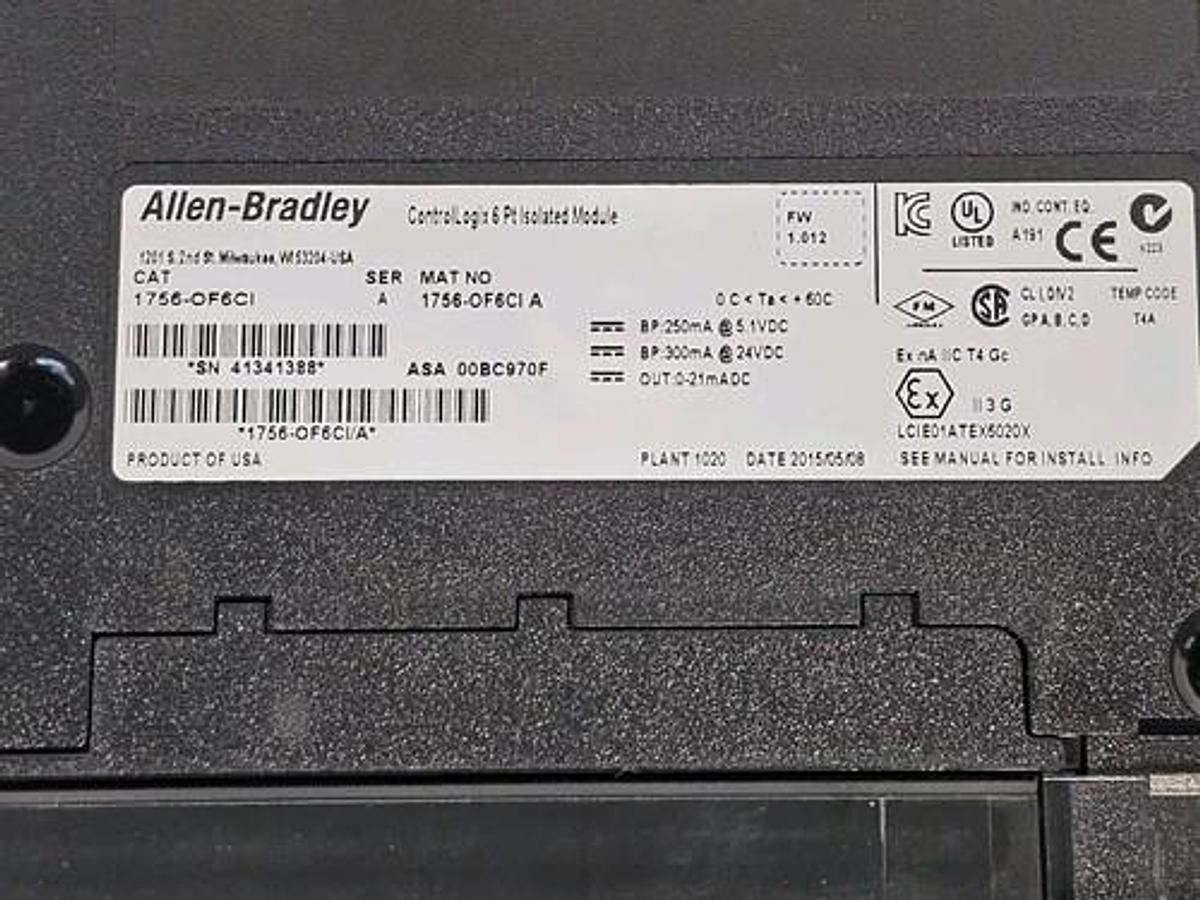 Used ALLEN BRADLEY 1756-OF6CI CONTROLLOGIX 6 PT ISOLATED MODULE SER. A FW: 1.012