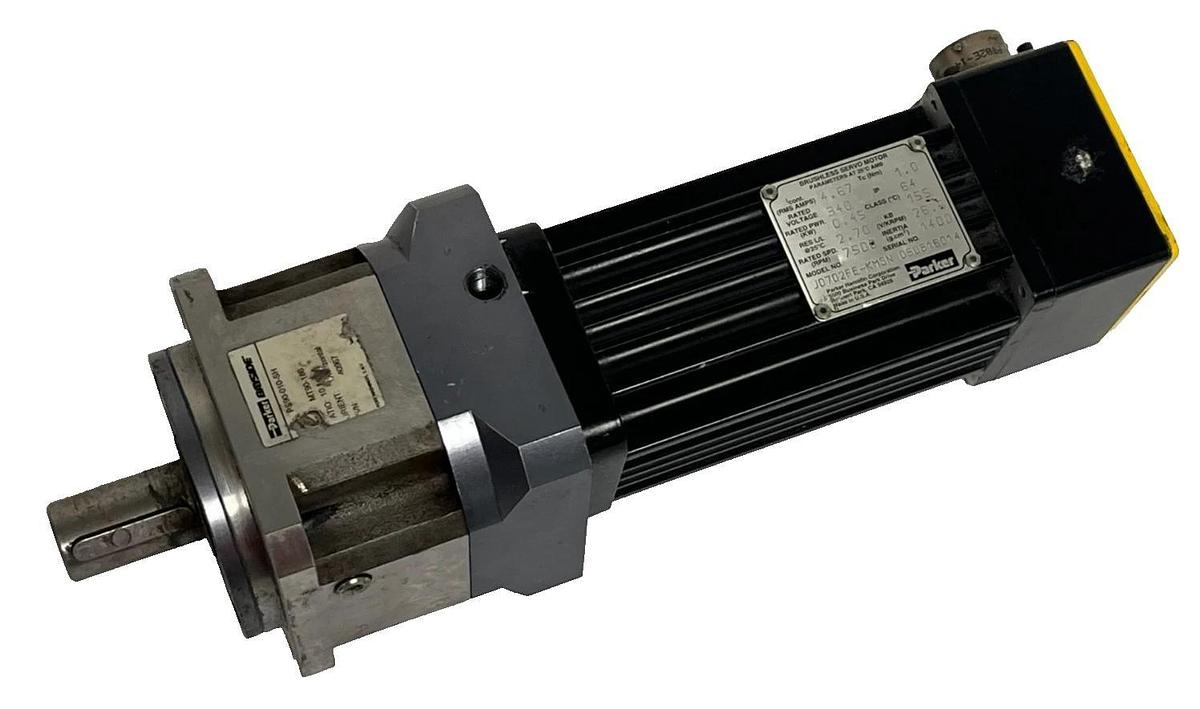 Used PARKER J0702FE-KMSN Servo Motor w/ PS90-010-SH Gearhead 10:1 Ratio 115V AC