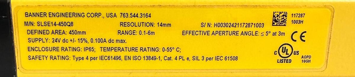 Used NEW BANNER SLSE14-450Q8 / SLSE14450Q8 EZ-SCREEN EMITTER 14mm RES W/ ACCESSORIES
