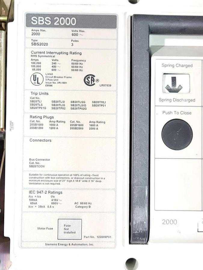 SIEMENS SBS2020DV / SBS2020 DRAWOUT BREAKER SBS 2000 W/2000A TRIP UNIT