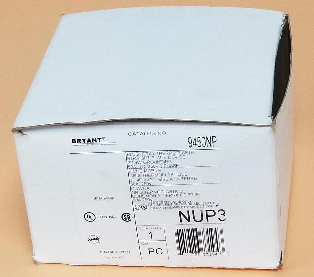 Used NIB BRYANT / HUBBELL 9450NP THERMOPLASTIC PLUG GRAY 3P 4W GRD. 50A 125/250V 3PH