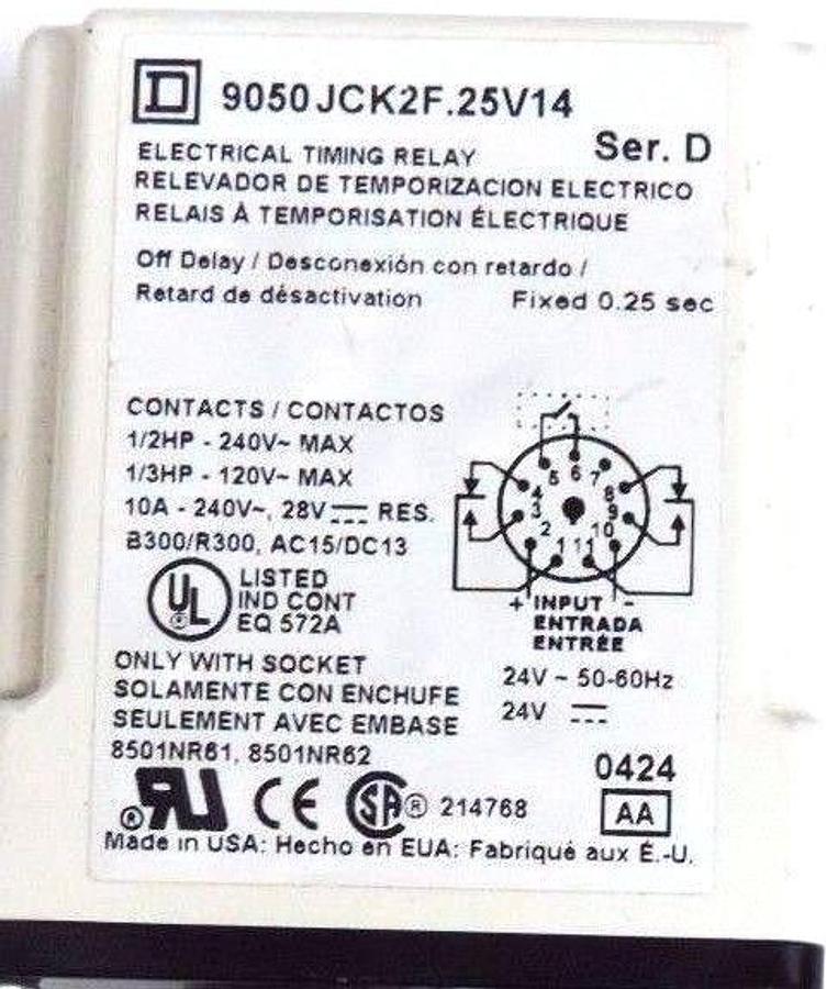 Used SQUARE D 9050-JCK2F.25V14 SER. D TIMING RELAY 240VAC, 10AMP, 25SEC., 11PIN