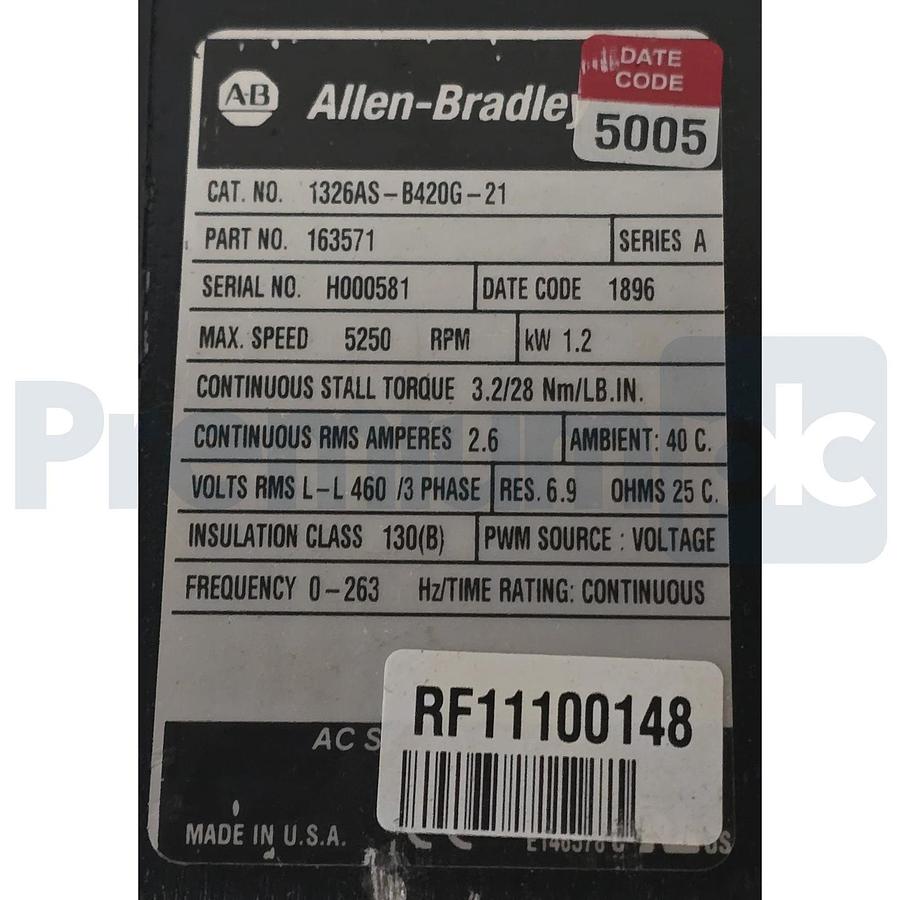 Refurbished Allen-Bradley 1326AS-B420G-21 /A Servo Motor 460V 5250RPM 1.2kW 163571 Reman.