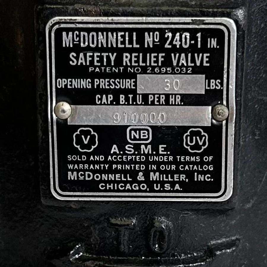 Used McDONNELL No. 240-1 / 2401 SAFETY RELIEF VALVE 30LBS 91000BTU PER HOUR