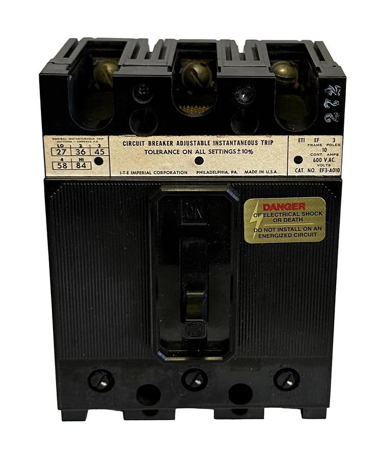 Used NEW ITE EF3-A010 / EF3A010 CIRCUIT BREAKER W/ ADJUSTABLE INSTANTANEOUS TRIP 600V