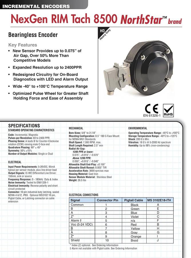 Dynapar NorthStar RT80600LF082C RIMTach RT8 Incremental Encoder 8.5" C-Face NSMP