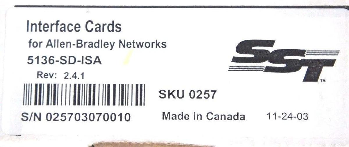 Used SST WOODHEAD 5136-SD-ISA REV: 2.4.1 INTERFACE CARD FOR ALLEN BRADLEY NETWORKS