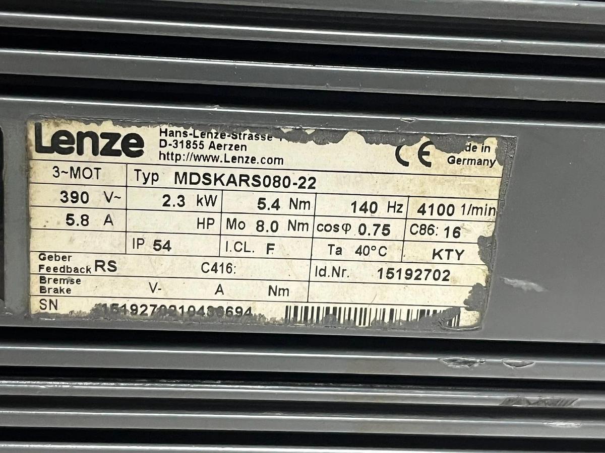 Used Lenze MDSKARS080-22 Servo Motor 2.3kW 4100 RPM w/ GST06-2A VCR 080C22 Gearbox