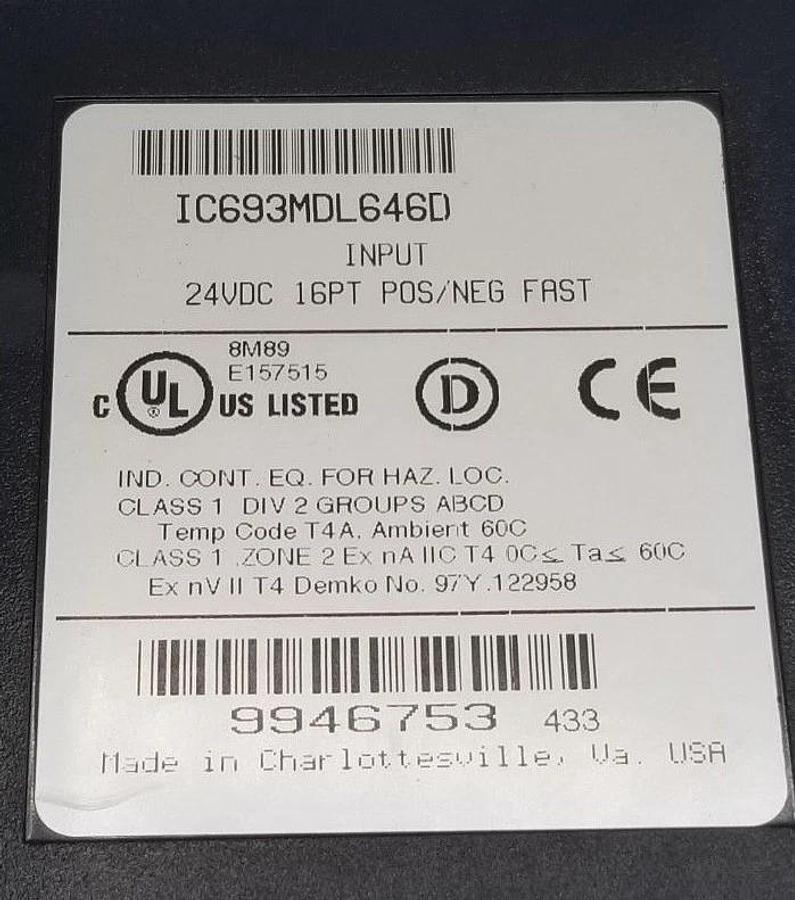Used GE FANUC IC693MDL646D INPUT MODULE 24VDC, 16PT, IC693MDL646