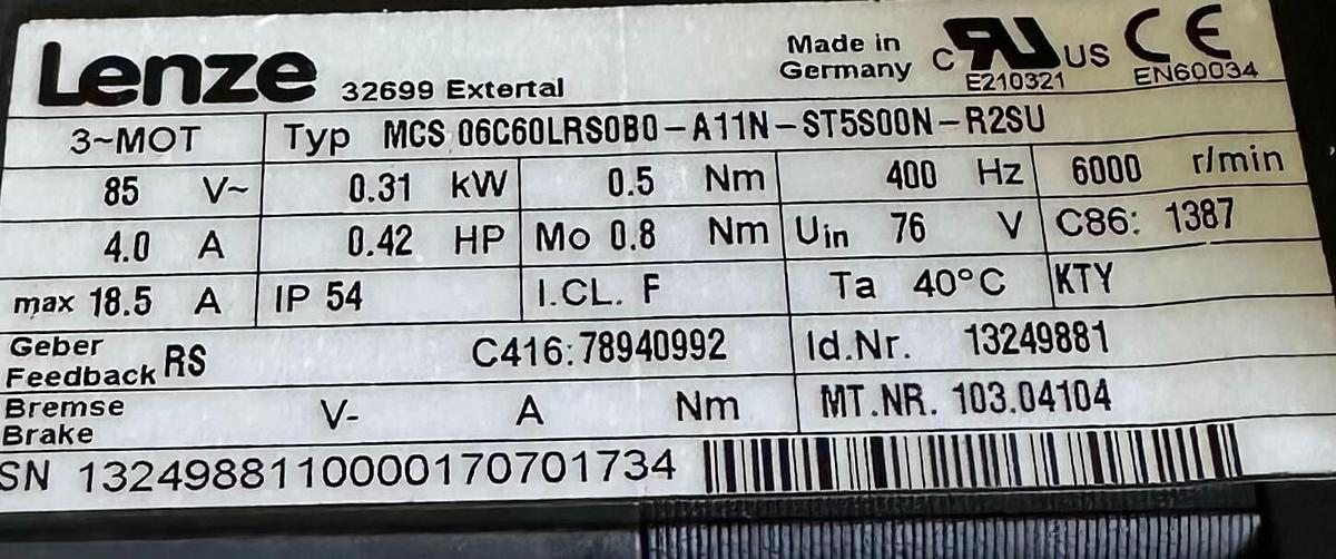 Used NEW LENZE MCS 06C60LRS0B0-A11N-ST5S00N SERVO MOTOR 0.31kW/0.42HP 13249881
