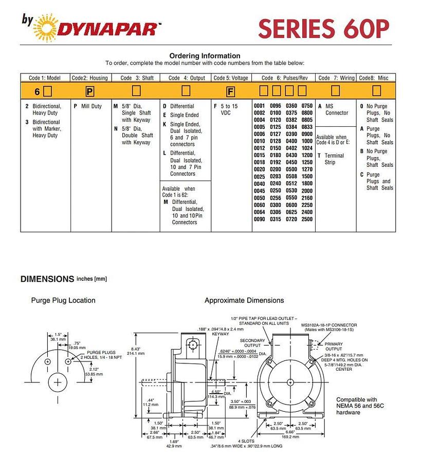 DYNAPAR 62-PMKF-1024-A0 - M060223 60P Rotopulser ENCODER 56 C-FACE ENCODER NSNP