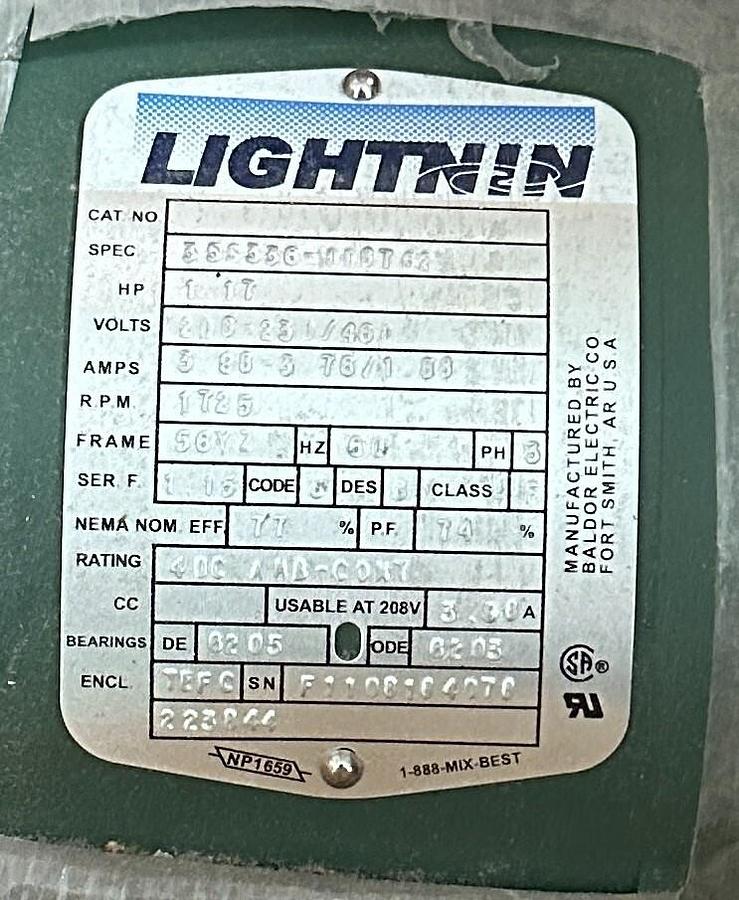 Used BALDOR 35S336-0087G2 / 223844 LIGHTNIN ELECTRICAL MOTOR 1.17HP 3PH TEFC NSMP