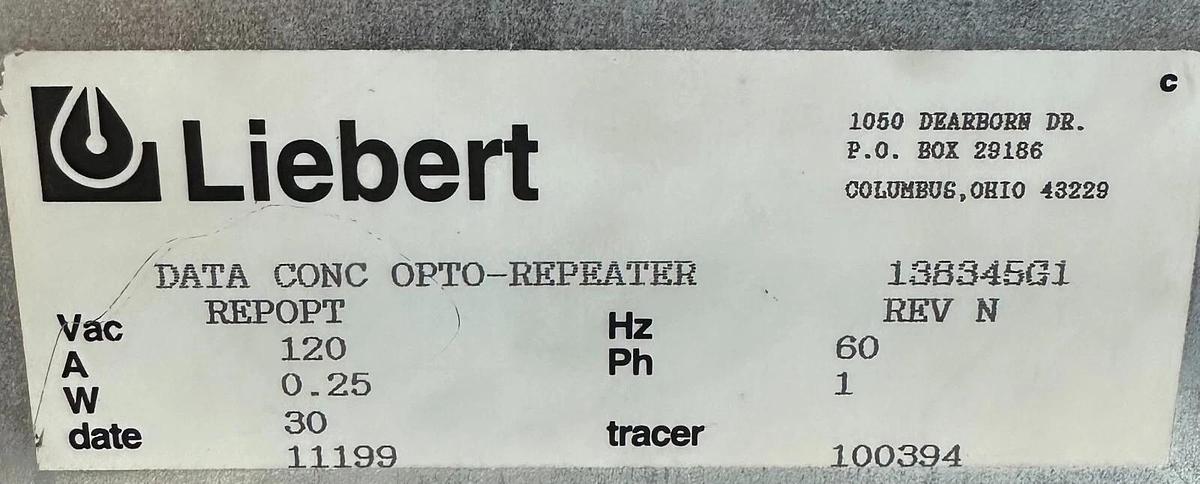 Used EMERSON LIEBERT 138345G1 REV. N DATA CONC OPTO-REPEATER 120V 60Hz 1PH 0.25A 30W