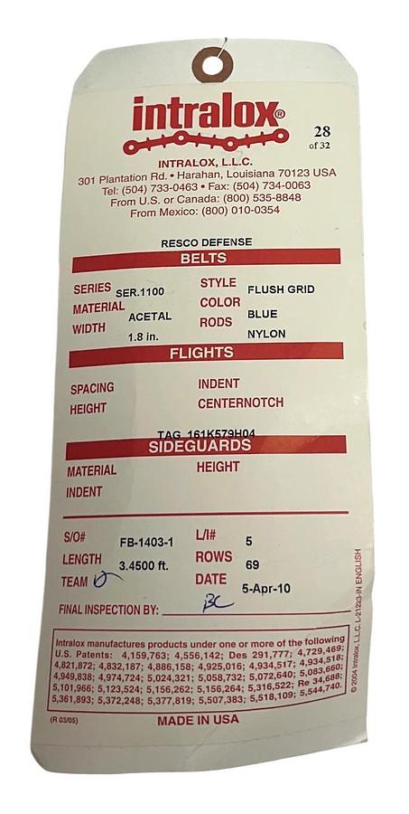 INTRALOX FB-1403-1 / FB14031 FLUSH GRID BELT 1.8'' WIDTH BLUE 69ROWS 3.45FT NSNP
