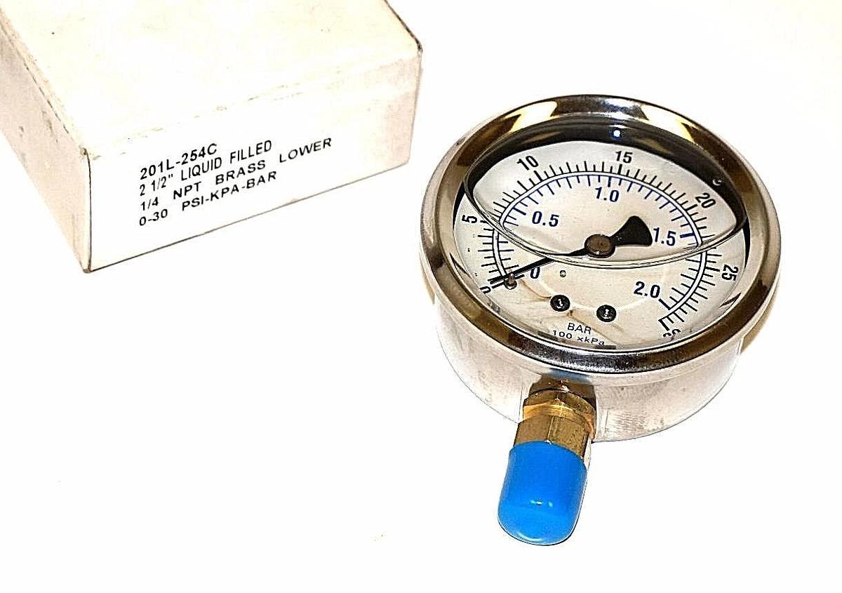 Used NIB BOND 201L-254C PRESSURE GAUGE 2 1/2'' LIQUID FILLED 1/4 NPT BRASS LOWER