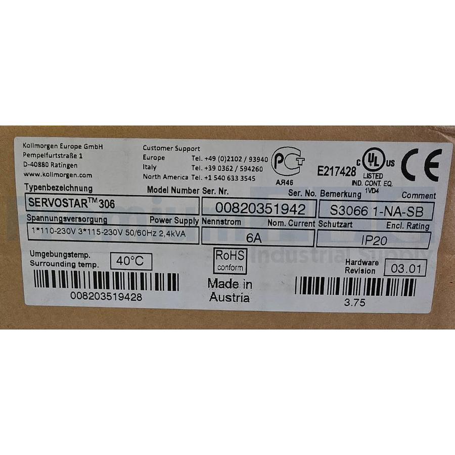 Used DANAHER KOLLMORGEN SERVOSTAR 306 DIGITAL SERVO AMPLIFIER S30661-NA-SB NSMP