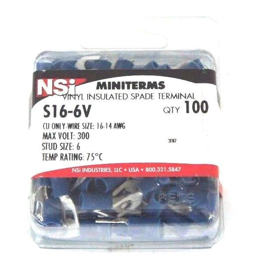 LOT OF 100 NEW NSI S16-6V VINYL INSULATED SPADE TERMINALS 16-14 AWG, 300 V MAX