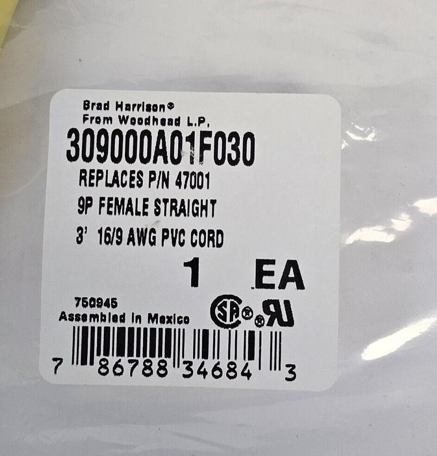 NEW BRAD HARRISON WOODHEAD 309000A01F030 9P FEMALE STRAIGHT CORDSET 3'