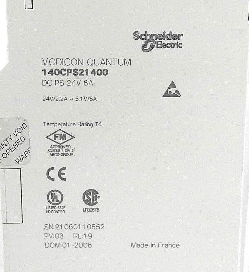 Used SCHNEIDER MODICON 140CPS21400 POWER SUPPLY 8AMP 24VDC, PV: 03, RL: 19