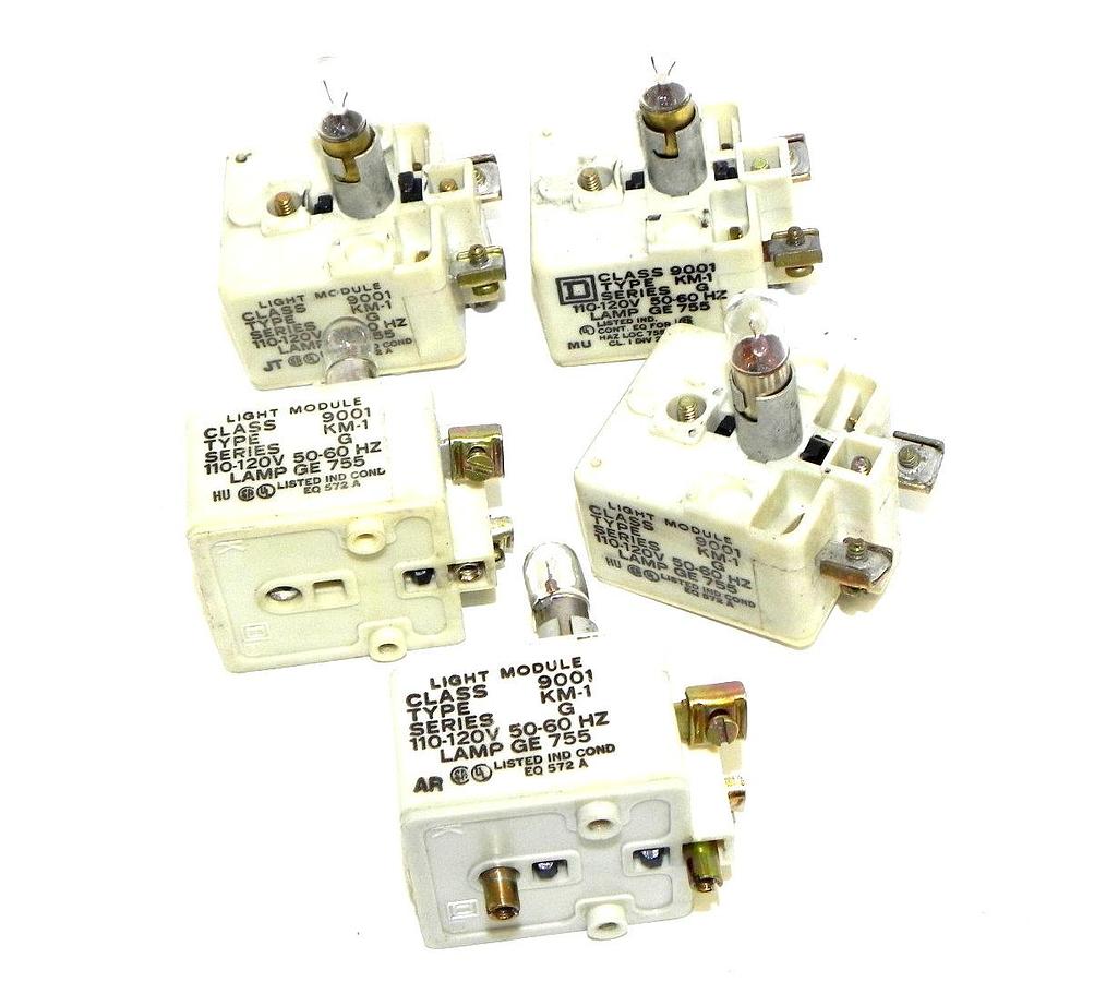 Used LOT OF 5 SQUARE D 9001-KM-1 PILOT LIGHT MODULES 9001KM1 SER. G, 110-120V