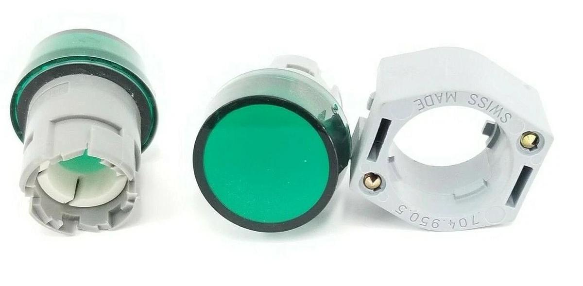 Used LOT OF EAO 704.950.0 LAMP SOCKETS W/ 704.950.5 MOUNTING FLANGES GREEN LENSES