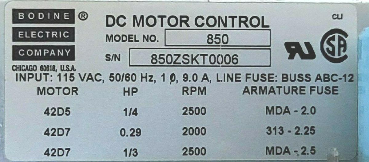Used BODINE ELECTRIC CO. MODEL: 850 DC MOTOR CONTROL INPUT: 115 VAC, 50/60HZ 9.0A