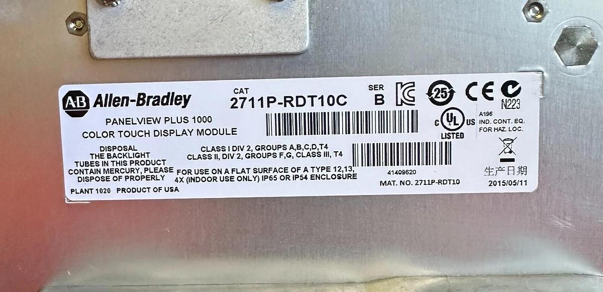 Used ALLEN BRADLEY 2711PC-T10C4D8 /A PanelView Plus 1000 TOUCH ENet 2711P-RDT10C