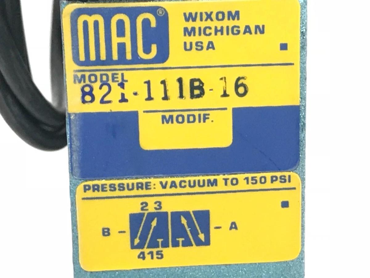 Used MAC VALVES 821-111B-16 SOLENOID VALVE ASSEMBLY 821111B16