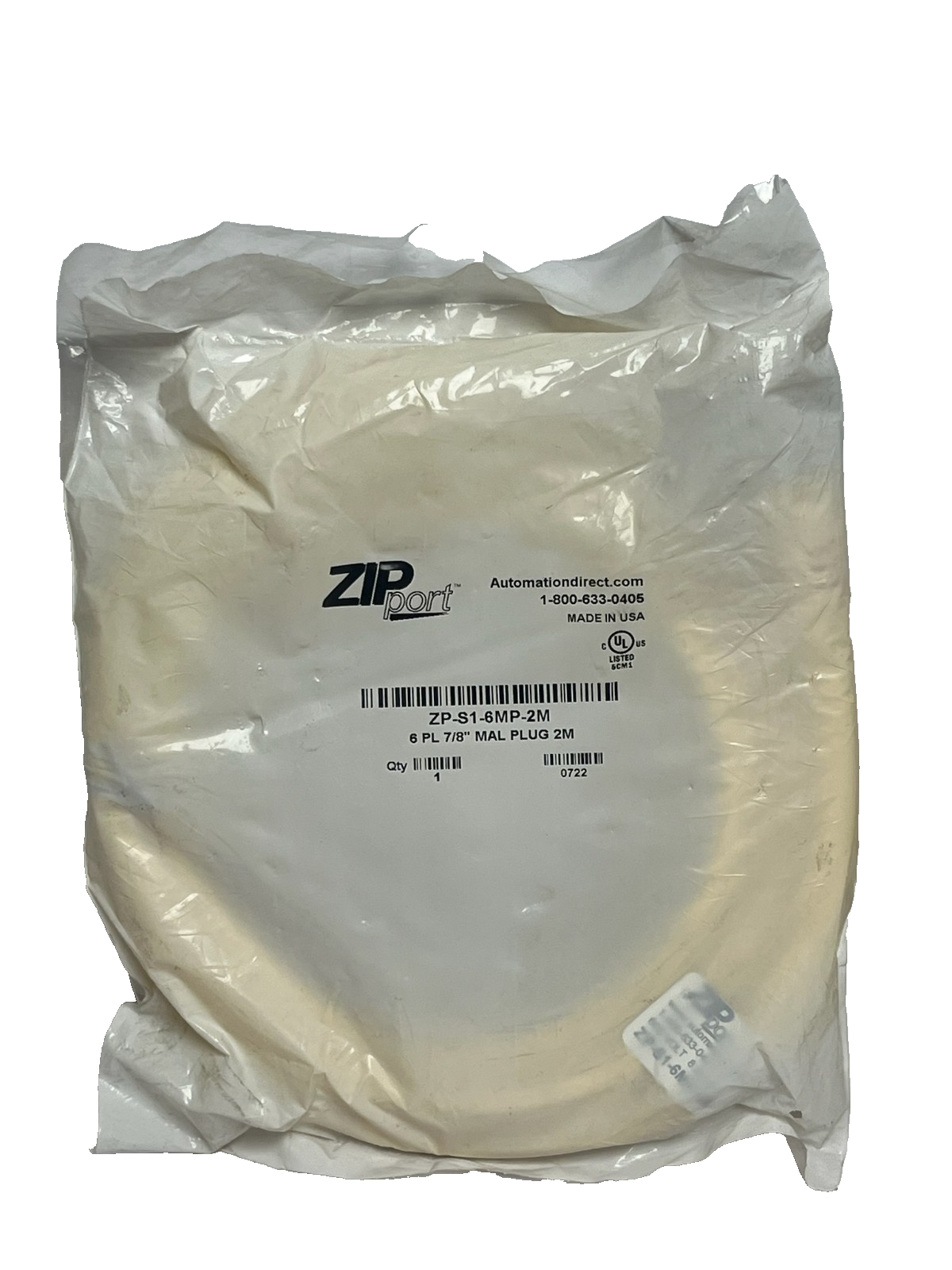 Used AutomationDirect ZIPport ZP-S1-6MP-2M Connection Cable 7/8-16 UN2 6-Pin Male 2m