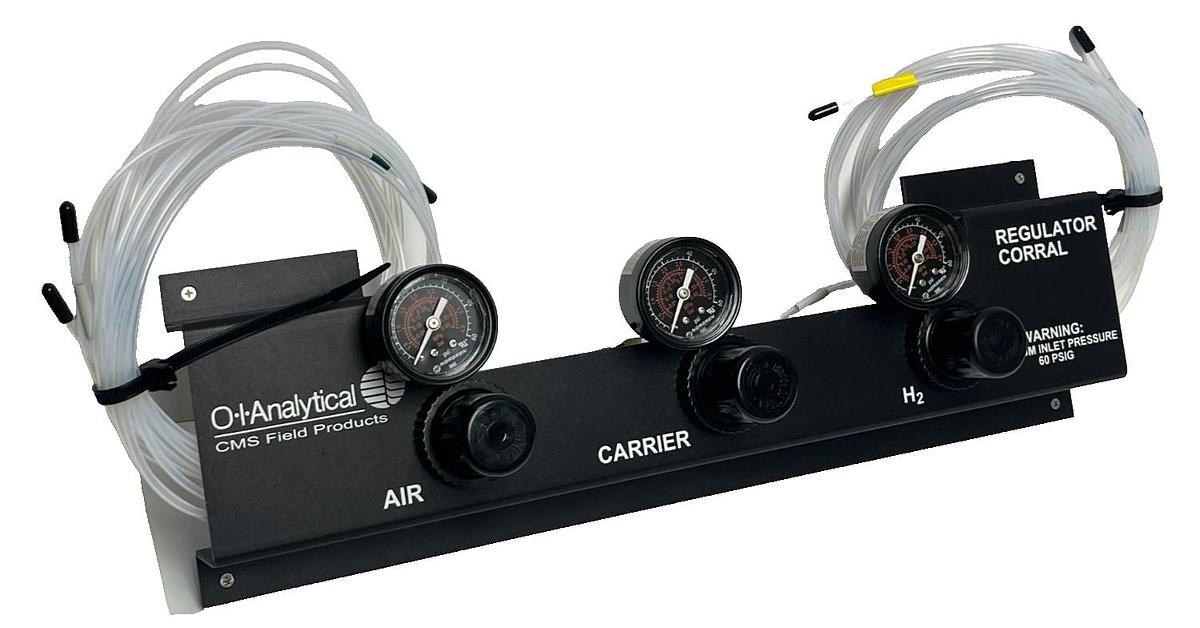 Used OI Analytical Regulator Corral with 3x Norgren R07 Regulators & 60 PSI Gauges