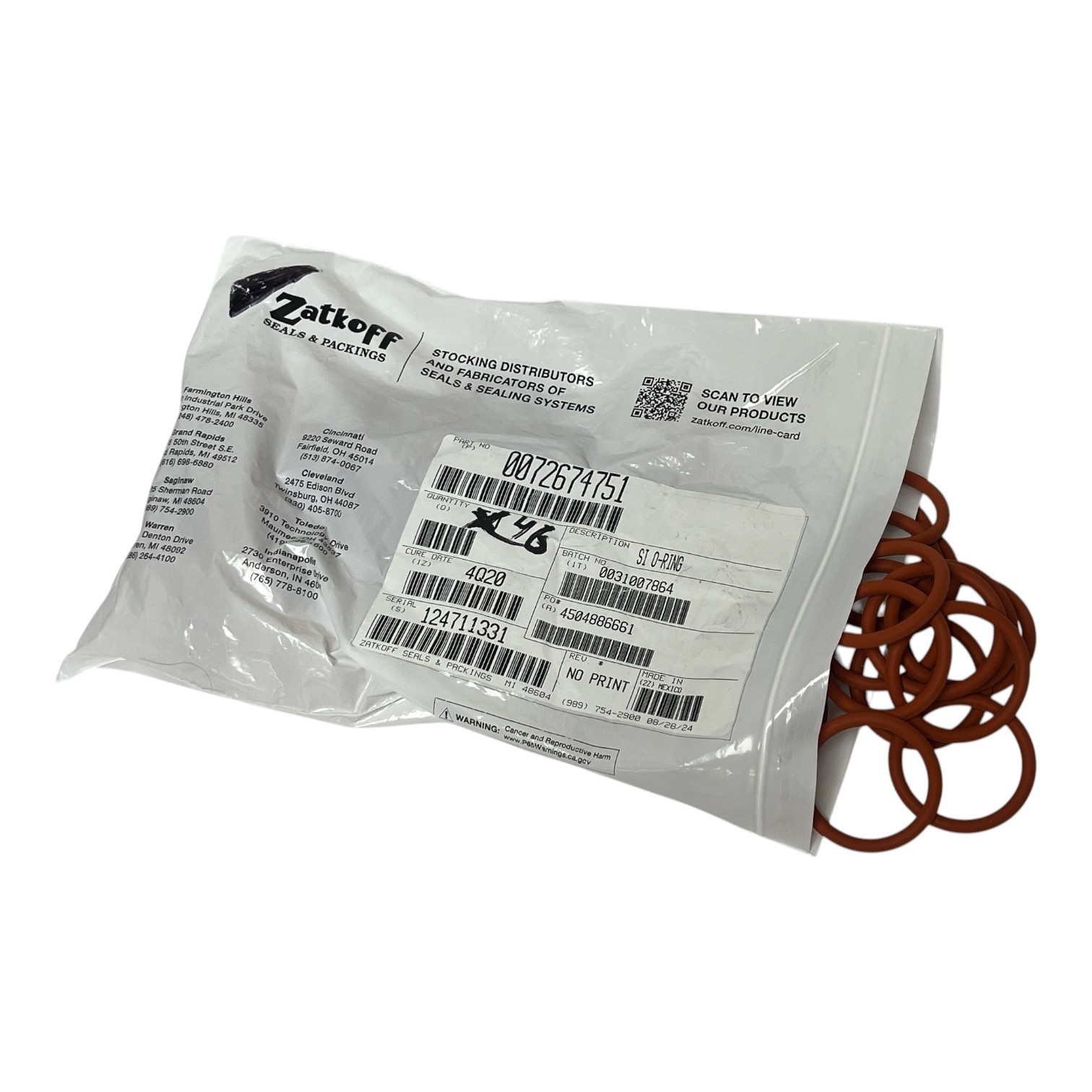 Zatkoff 0072674751 Silicone O-Rings Lot of 46 High Temp Red New Factory Sealed