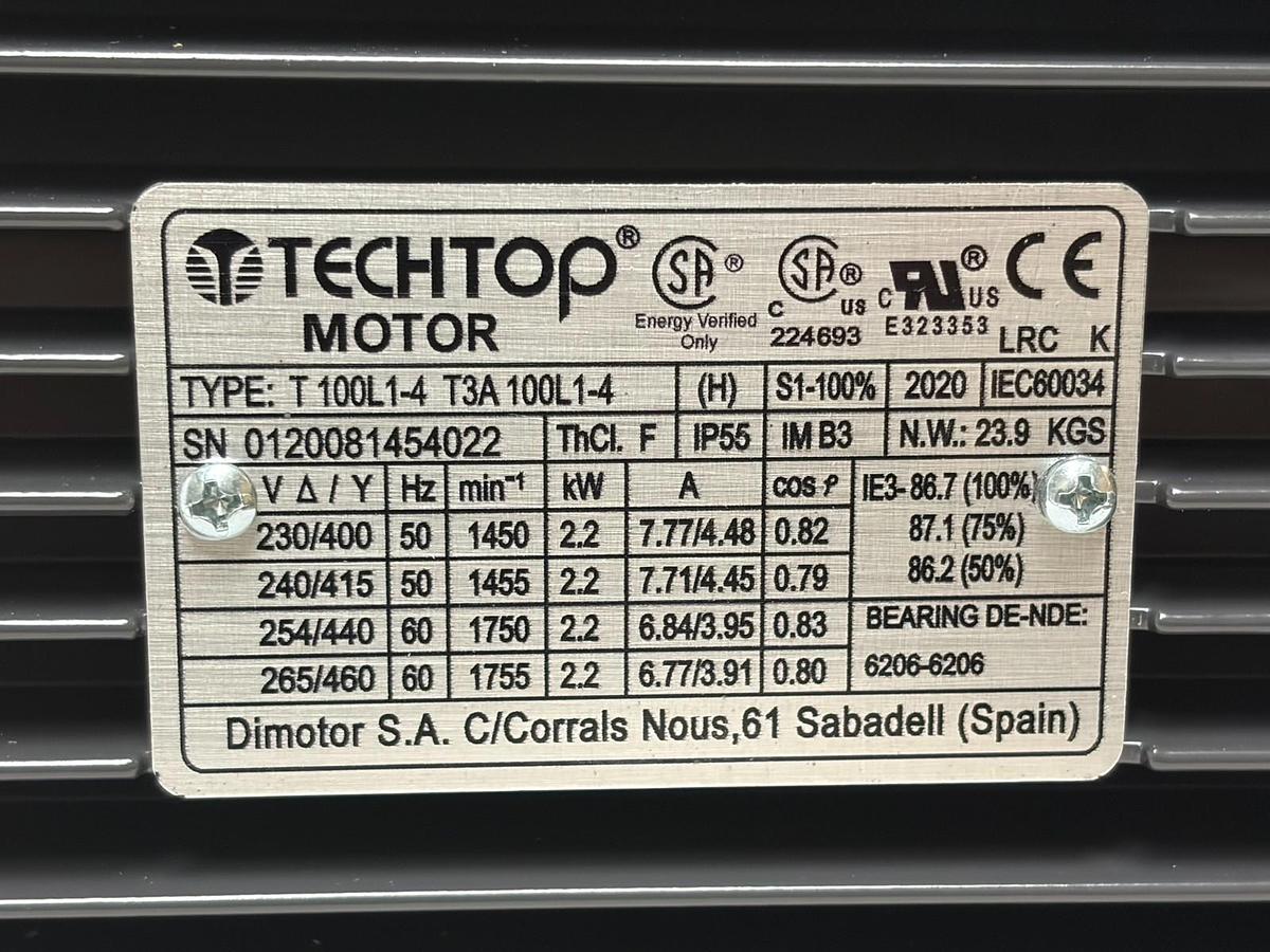 Used Techtop T100L1-4 3-Phase Electric Motor 2.2kW 3HP IE3 B3 Foot Mount New Surplus