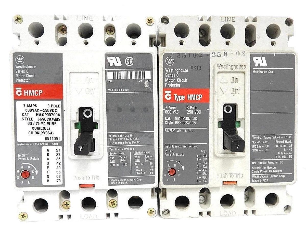 Used LOT OF 2 WESTINGHOUSE HMCP007C0C CIRCUIT BREAKERS STYLE# 6630C87G05, 7 AMP