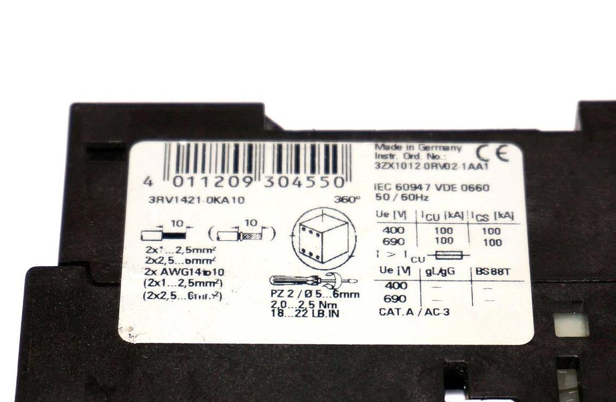 Used SIEMENS 3RV1421-0KA10 CIRCUIT BREAKER 3 POLE 50/60HZ 1.25A 3RV14210KA10