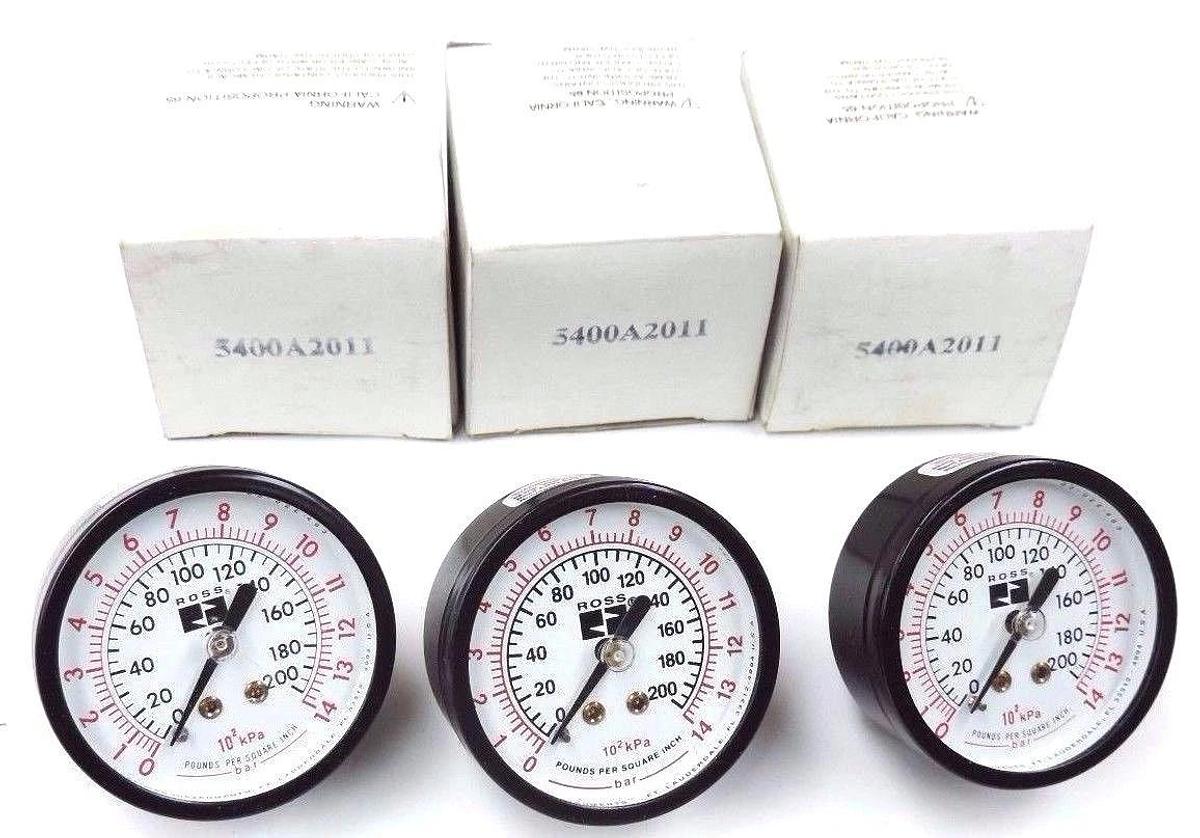 Used LOT OF 3 NIB ROSS 5400A2011, 1/4'' PRESSURE GAUGES 0-200