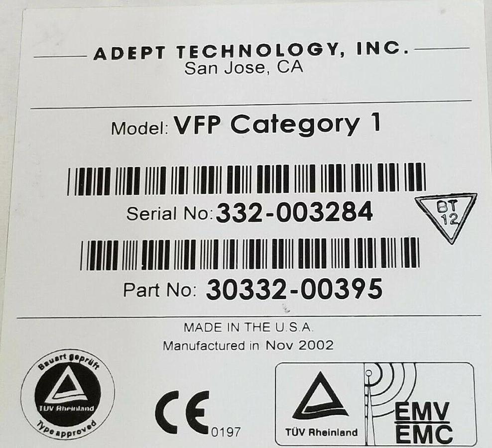 Used ADEPT TECH. MODEL: VFP CATEGORY 1 CONTROL PANEL PART NO: 30332-00395 10332-00395